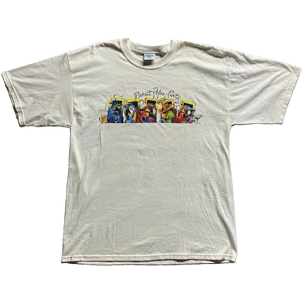 Vintage 2006 Caribbean Soul Parrot Poker Party T Shirt XL White Graphic Tee Y2K